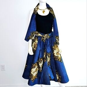 Short Printed Flared Sling Skirt with Headwrap / Sash One Size Fits S to 3 XL